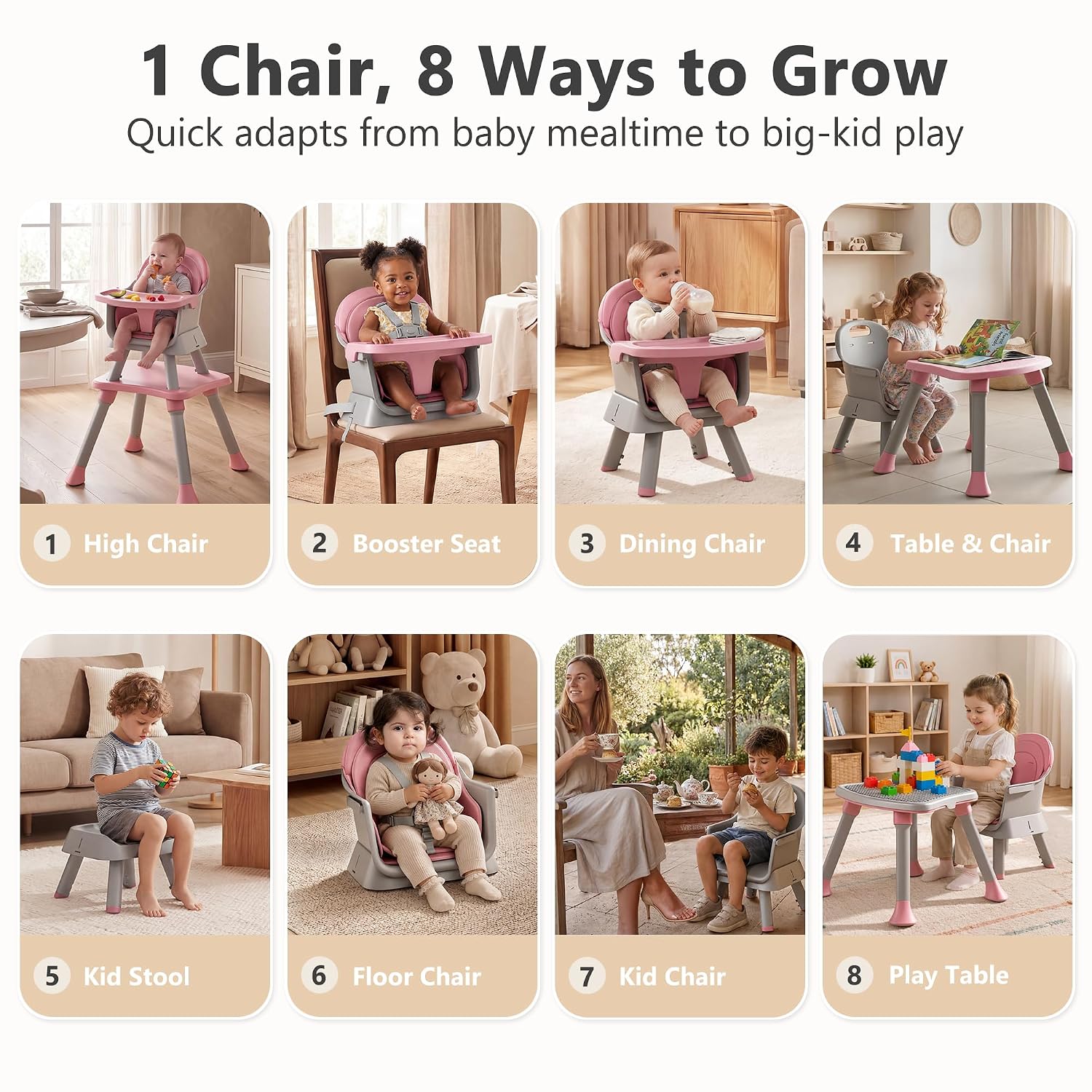 8 in 1 Baby High Chair, Coverts to Dining Booster Seat/Kids Table & Chair Set/Toddler Building Block Table/Kids