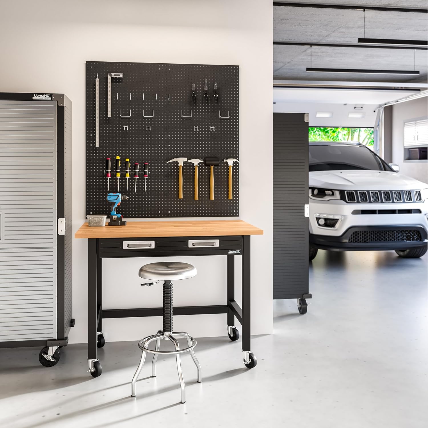 UltraGraphite Wood Top Workbench on Wheels with Sliding Organizer Drawer Table, 48", Graphite