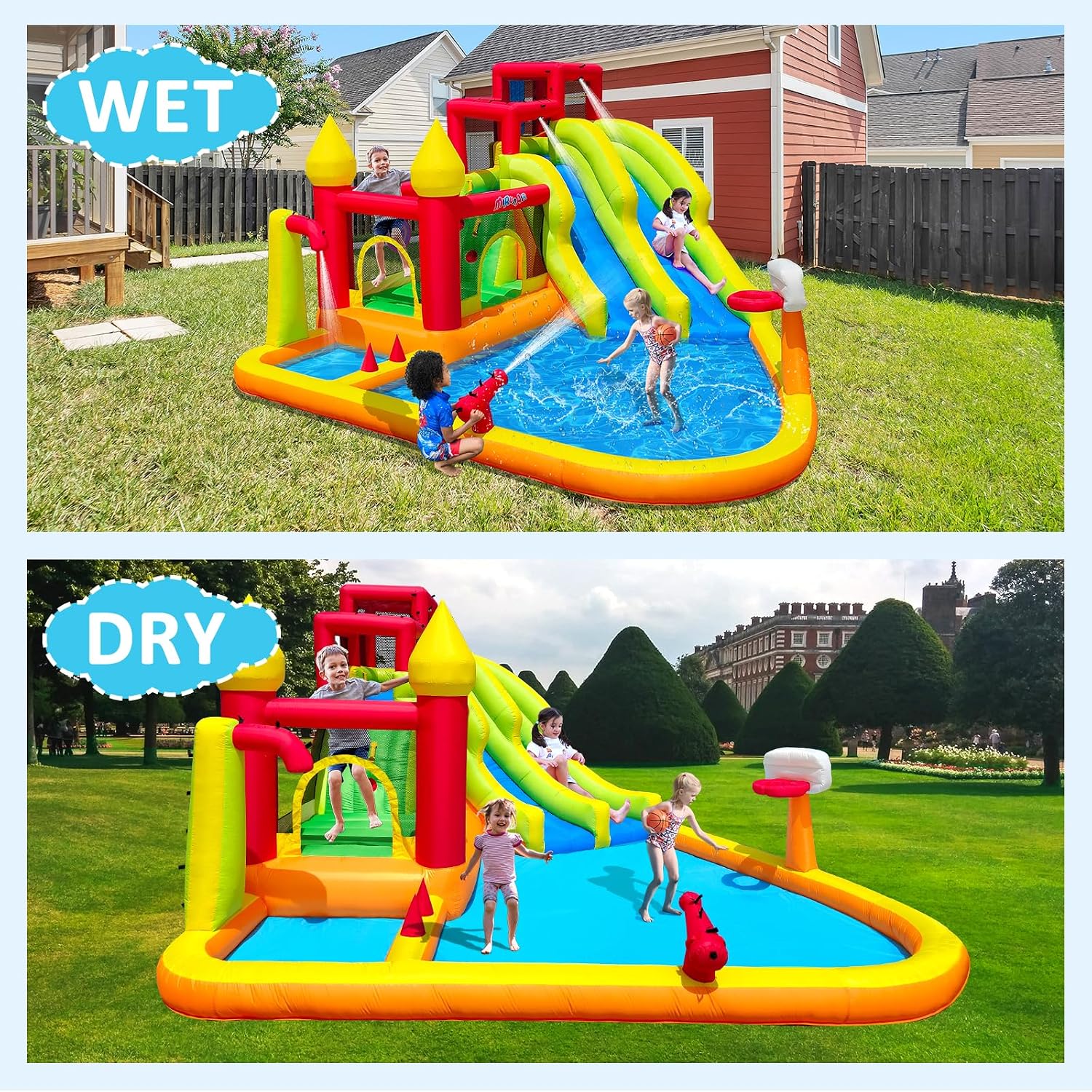 Inflatable Bounce House with Slides, Inflatable Water Slide for Kids Backyard, Bounce Water Prak with Air Blower