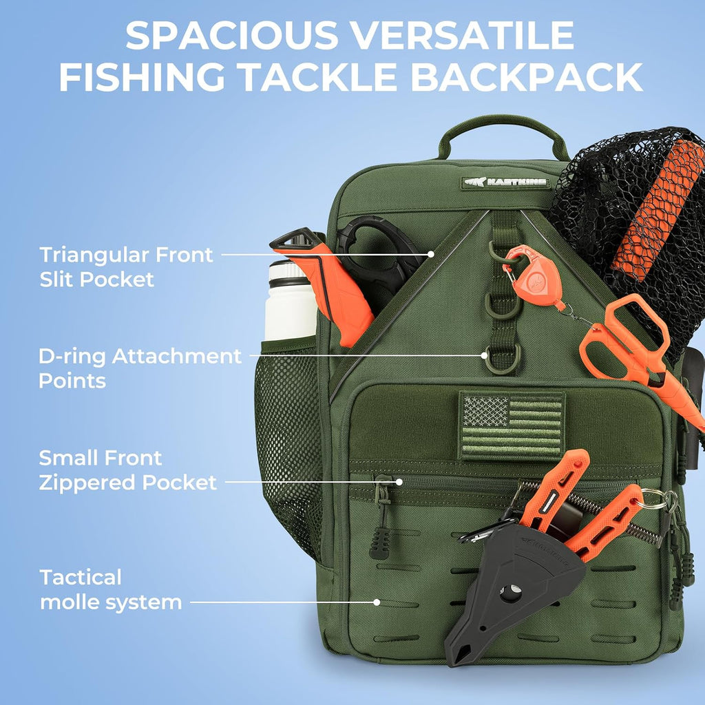 KarryAll Fishing Backpack with Rod Holder 4 Tackle Boxes, 40/26L | Tackle Bag Storage Fishing Gear and Equipment