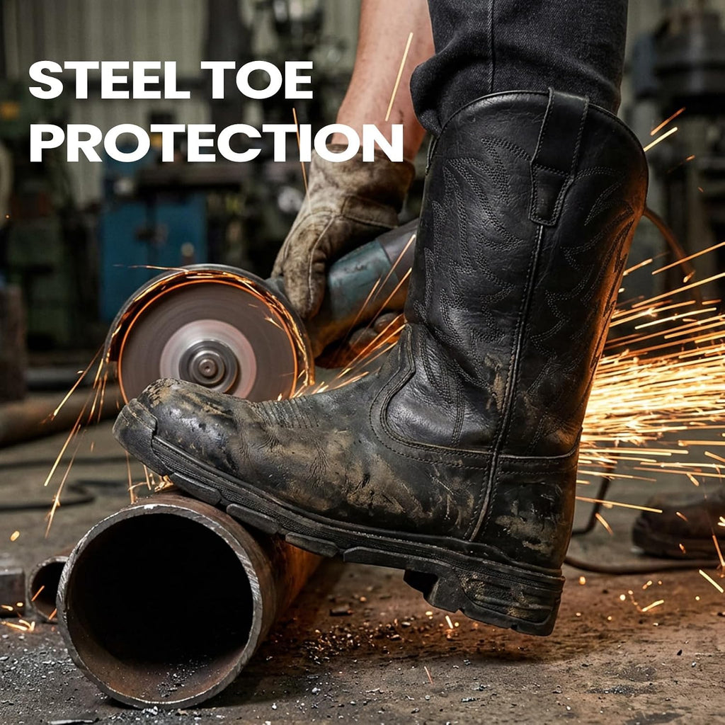 Steel Toe Cowboy Work Boots for Men Safety Square Toe Western Boot | ASTM Certified, Comfortable Leather Slip