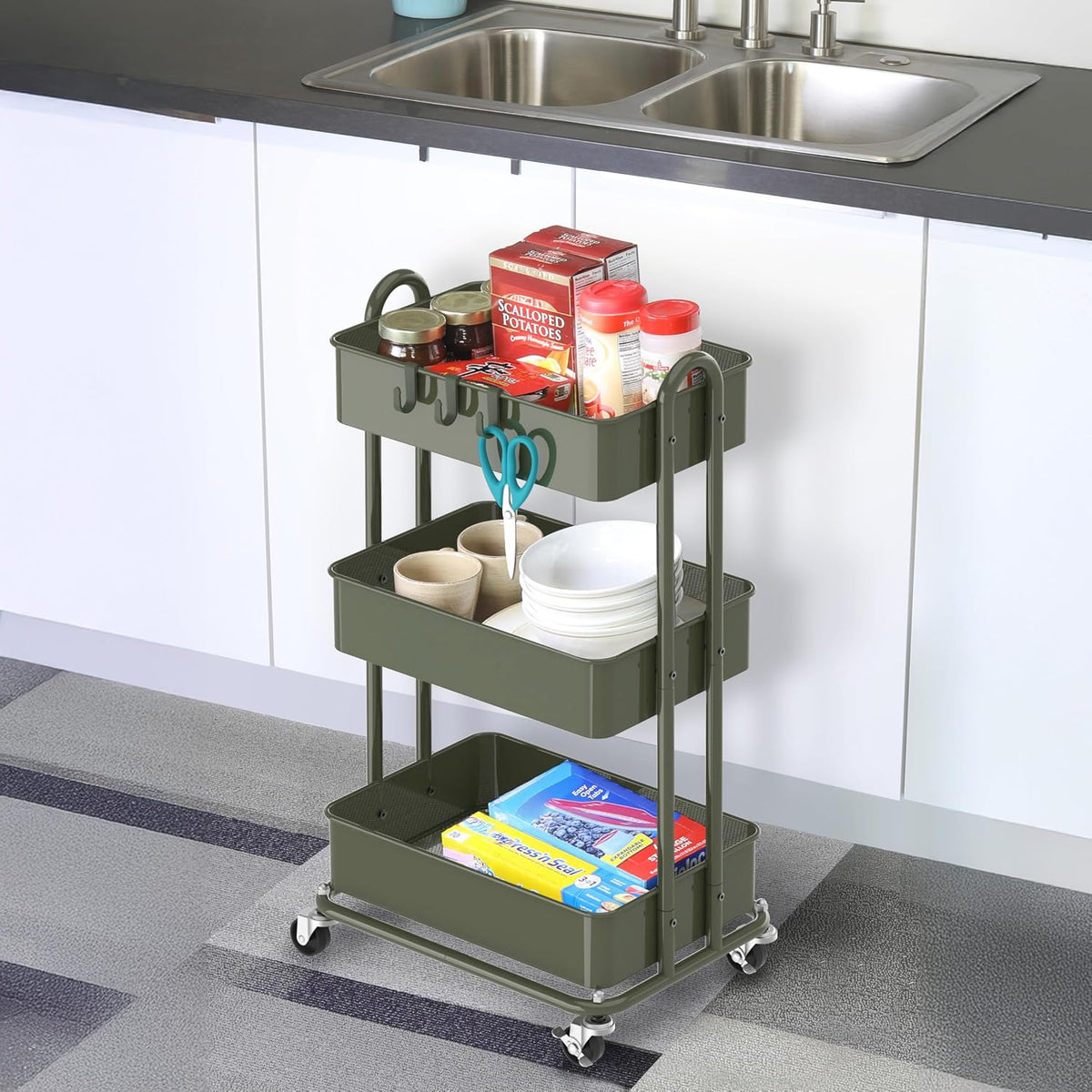 3-Tier Heavy Duty Metal Utility Rolling Cart, Army Green