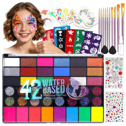 Face Painting Kit for Party, 42 Color Non-Toxic Water Activated Face Paint Palette for Artist Festival Stage Cosplay