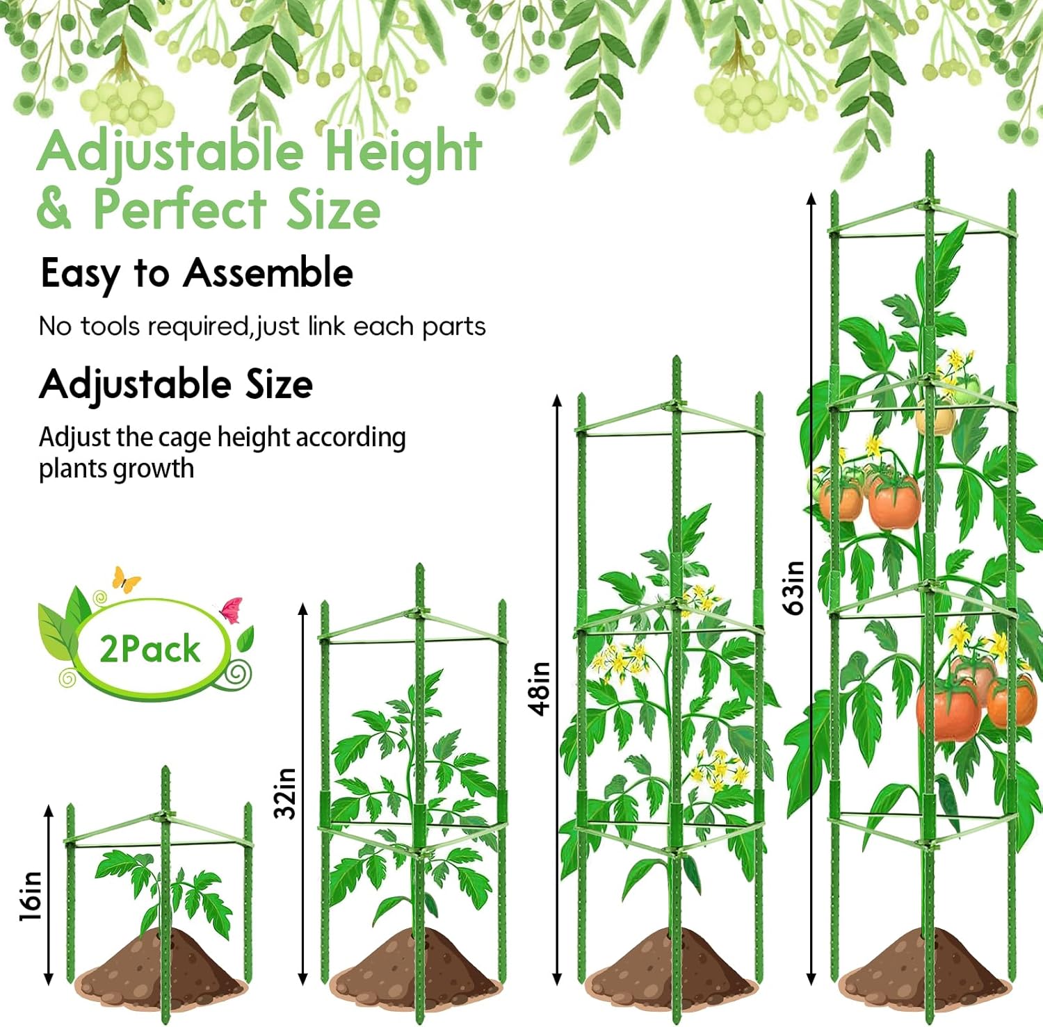 2 Pack 5.2 FT Tomato Cages for Garden- 63inches Heavy Duty Garden Stakes, Adjustable Tall Tomato Plant Support Tomato