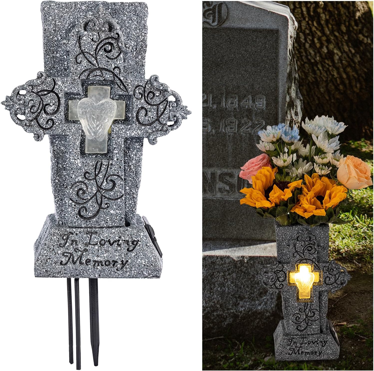 Solar Cemetery Vase with LED for Fresh/Artificial Flowers Grave Flower Cross Vase Headstones Vases with Spikes
