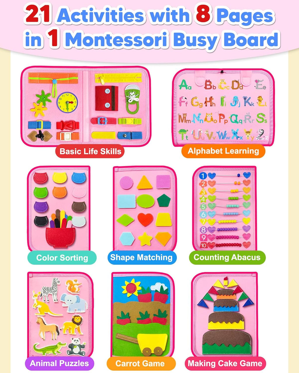 Busy Board Montessori Toys for Toddler Girl Birthday Gift Busy Book | Airplane Car Travel Toy, Learning Educational