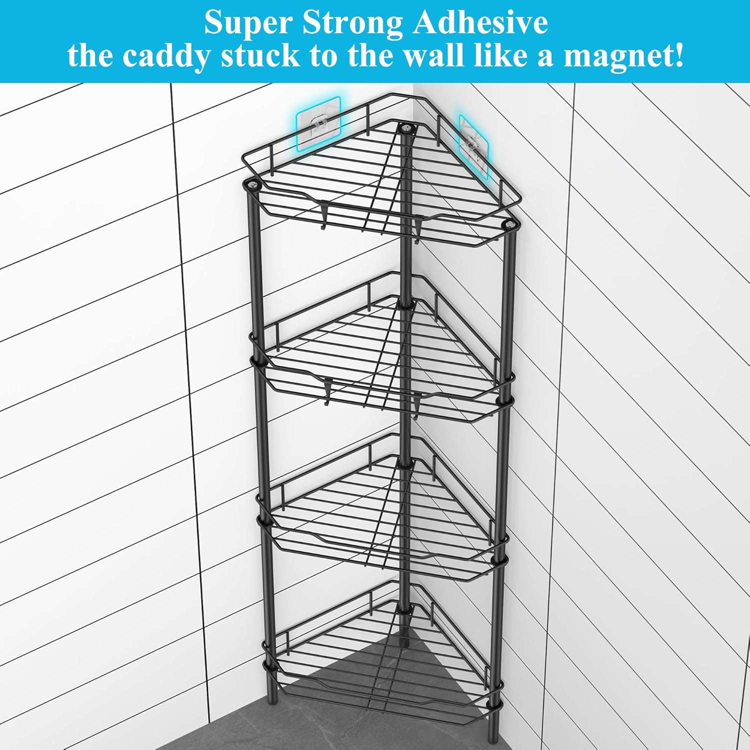 4 Tier Floor Standing Corner Shower Caddy Organizer Shelf with Hooks, Bathroom Shelves Stand Rack, Black | Adhesive