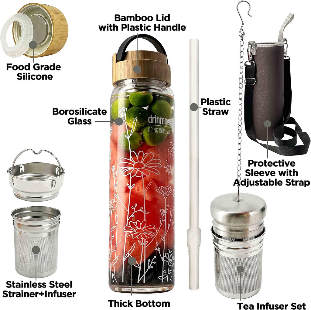 32oz Glass Water Bottle with Bamboo Lid and Neoprene Sleeve | Wide Opening Fruit Infuser Water Bottle (Flower)