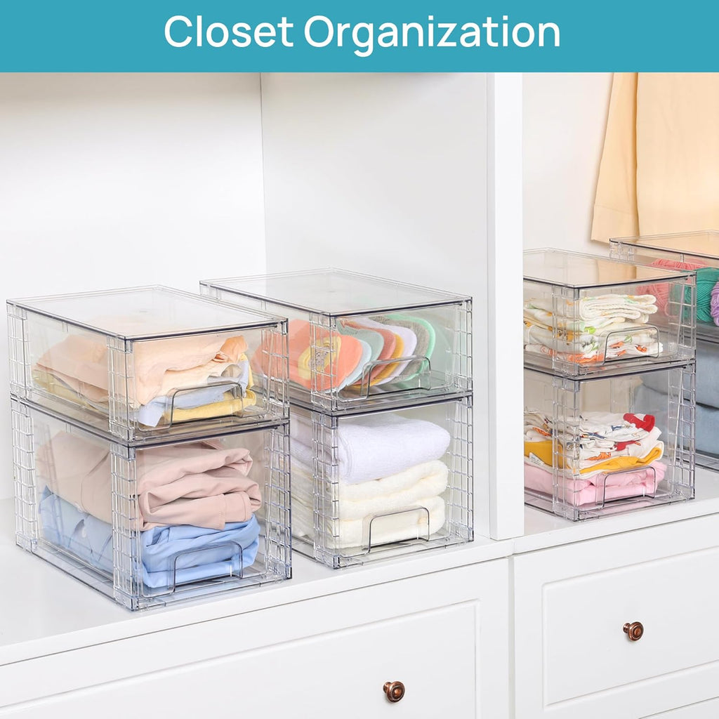 4 Pack Large Stackable Storage Drawers,Easily Assemble Acrylic Bathroom Closet Undersink Organizers and