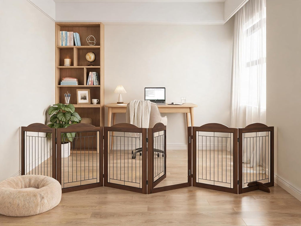 Folding No-Assembly Dog Door Pet Gate 144" Wide, 30" Tall Wooden Dog Gate with Door Walk Through, Freestanding Wire