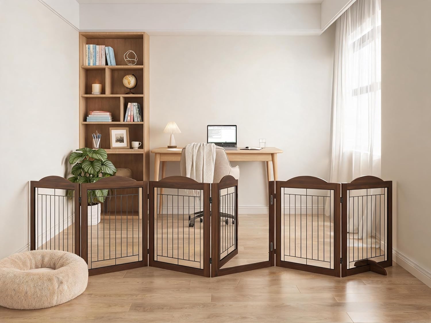 Folding No-Assembly Dog Door Pet Gate 144" Wide, 30" Tall Wooden Dog Gate with Door Walk Through, Freestanding Wire