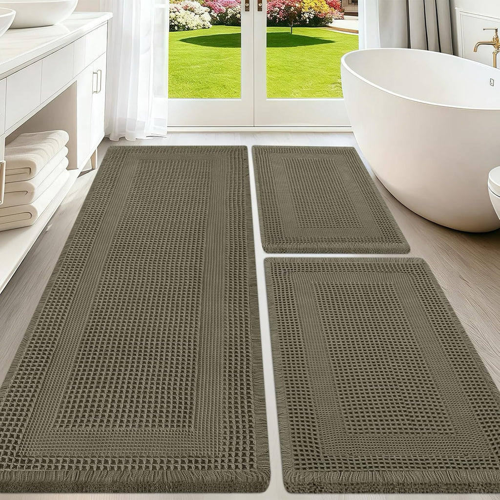Upgraded Waffle Bath Mat Set 3 Piece Greyish Green-Looped, Super Absorbent Non-Slip Quick Dry Bathroom Rugs with