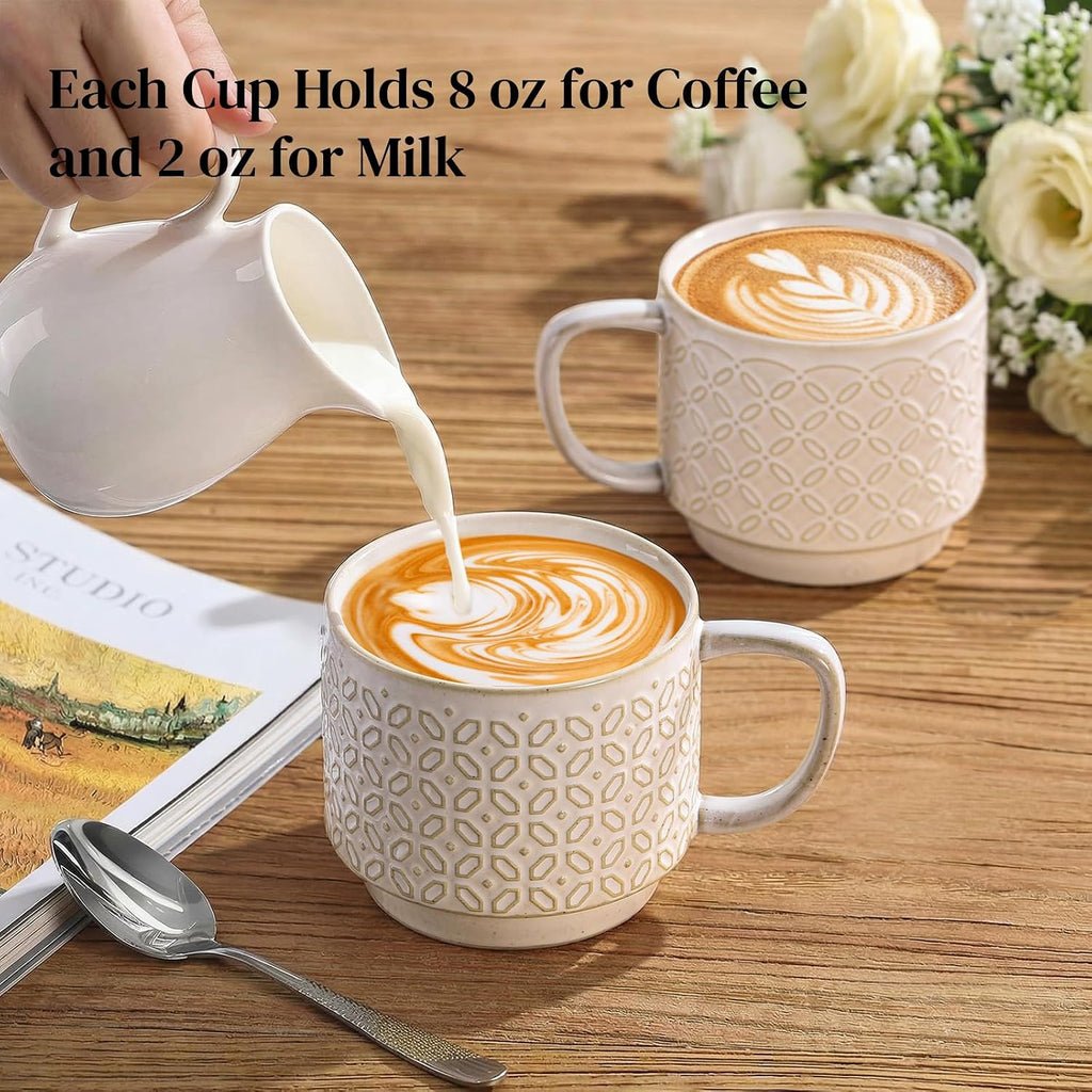 12oz Coffee Mugs Set of 4, Ceramic Coffee Mugs, Stackable Cappuccino Cups, Microwave Safe and Large Handle, Office
