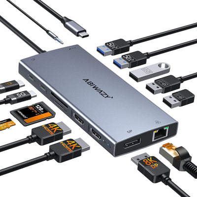 USB C Docking Station Dual Monitor, ABIWAZY 15 in 1 Laptop Docking Station | 8K DP, Dual HDMI 4K@60Hz, 1Gbps
