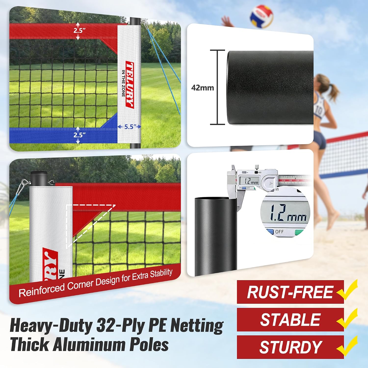 Heavy Duty Professional Volleyball Net Set Aluminum Poles, 32 ft Regulation Portable for Outdoor Backyard Beach