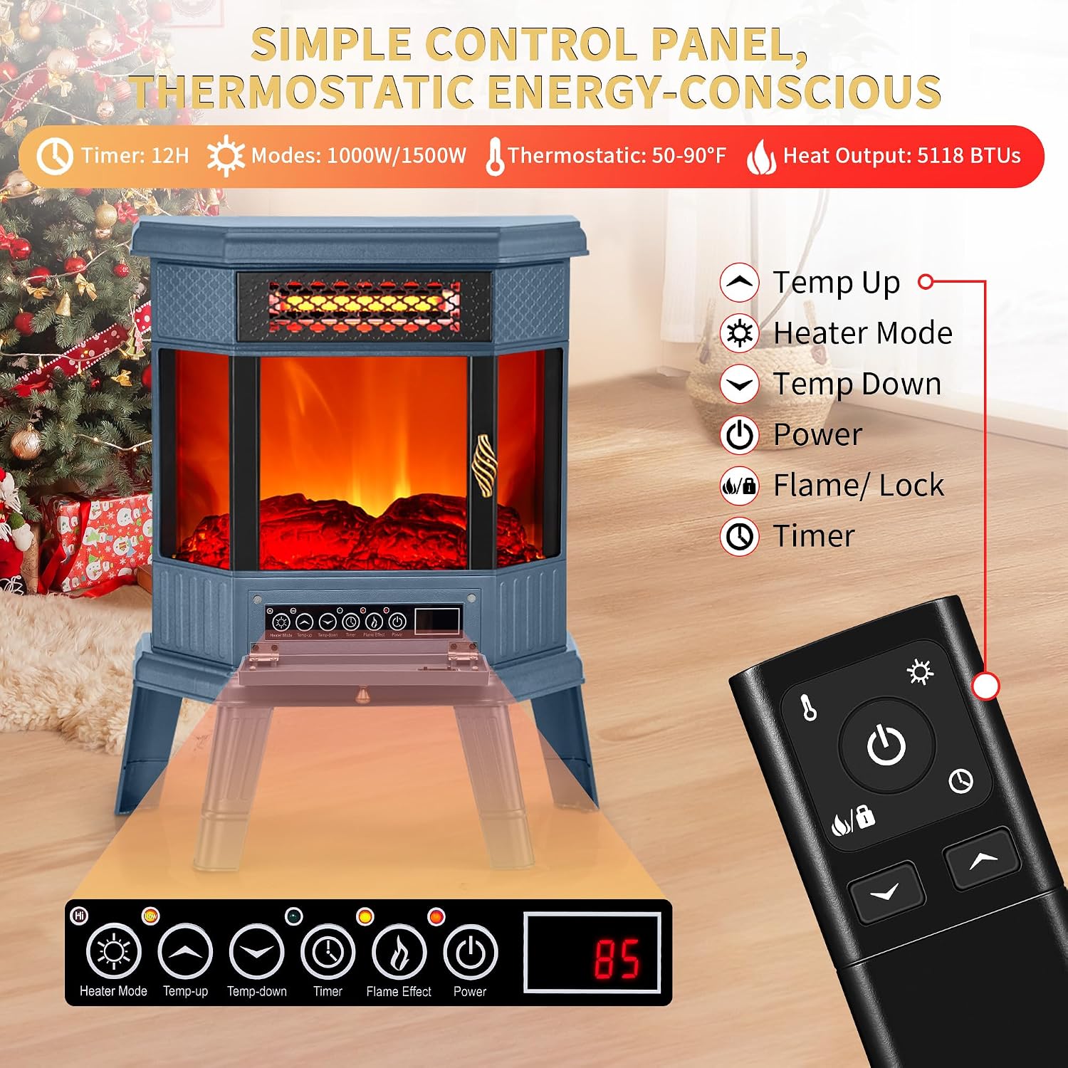 Electric Fireplace Heater 22 in Freestanding Fireplace Stove Infrared Fireplace with 3D Flame Effect Remoted Control