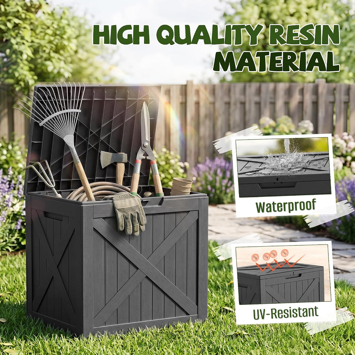 40 Gallon Waterproof Resin Deck Box,Outdoor Toy Storage Box Lock Bin | Small Deck Box, Outside Storage Box Waterproof