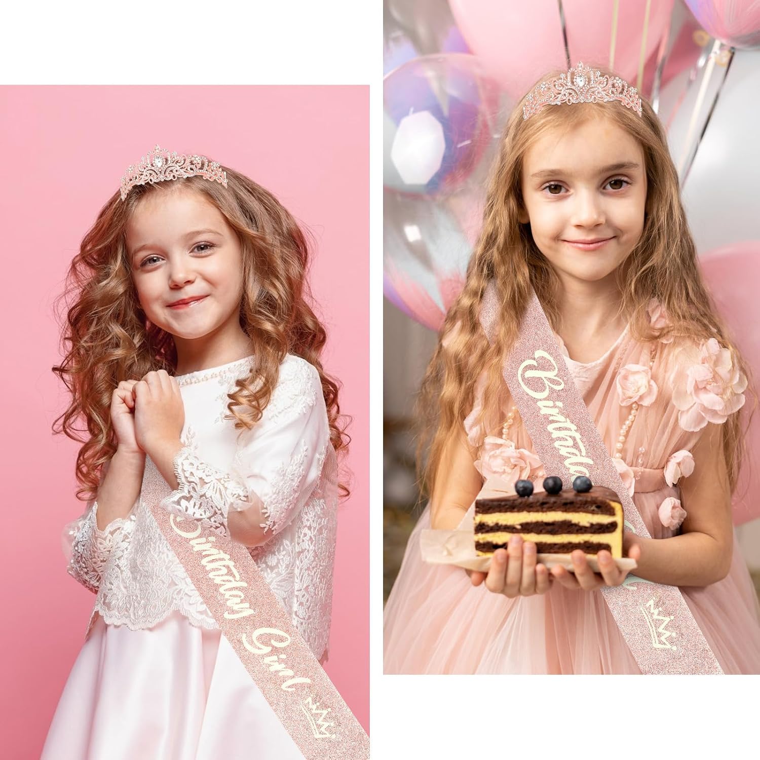 Birthday Girl Crown and Sash - Rose Gold Tiara Birthday Decorations for Women and Girls