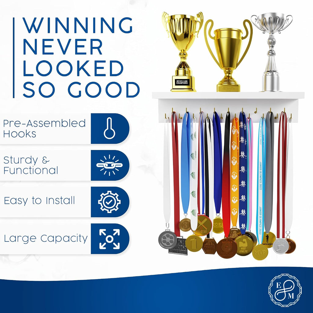 Medal Hanger Display and Trophy Shelf with Hooks - Wooden Medal Holder for Wall Mount Ribbon Display, Trophy Display