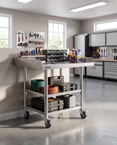 24x36 Inch Stainless Steel Work Table with Wheels, Commercial Prep Table with 3-Sided Backsplash & Height Adjustable