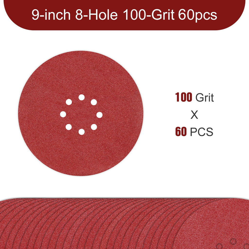 9 inch Sanding Discs 100 Grit 8 Holes Hook and Loop Sandpaper for Drywall Sander 60Pack