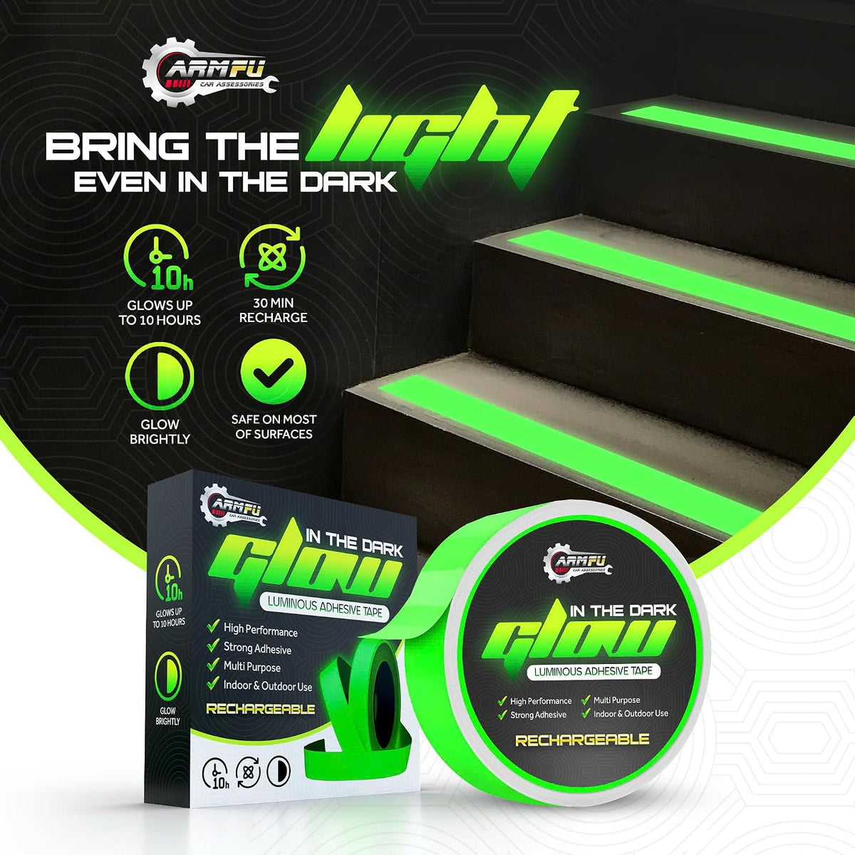 1 Inch x 60 FT Glow in The Dark Tape – Pack of 2 Rolls – Bright Rechargeable Fluorescent Glow – Luminous for Outdoors