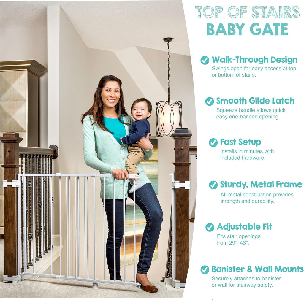 Safety 29-43" Top of Stairs Baby Gate, Extra Wide Baby Gate, Extra Wide Hardware Mounted Stair Gate with Banister &