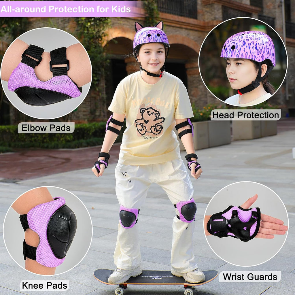 Kids Bike Helmet and Knee Elbow Pads Wrist Guards Set with DIY Cat Ears | Toddler Bike Helmets for Girls 3-14