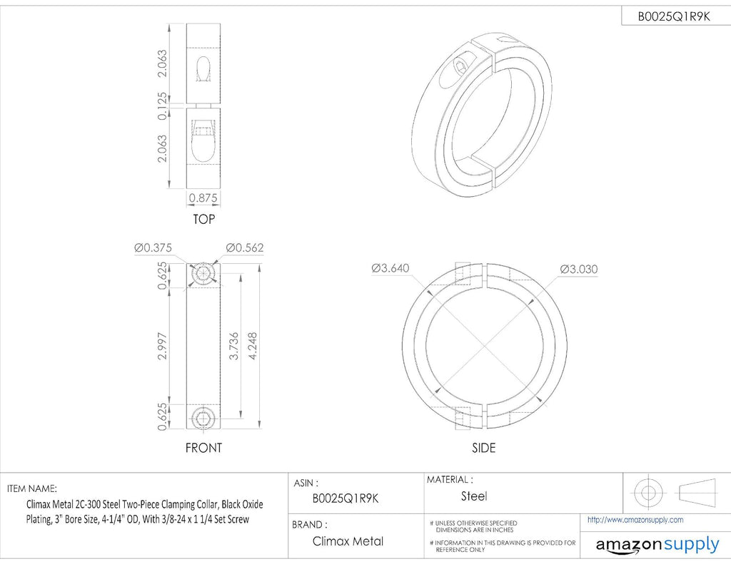 2C-300 Black Oxide Plated Steel Two-Piece Clamping Collar, 3" Bore Size, 4-1/4" Outside Diameter, 3/8"-24 x 1-1/4" Set Screw