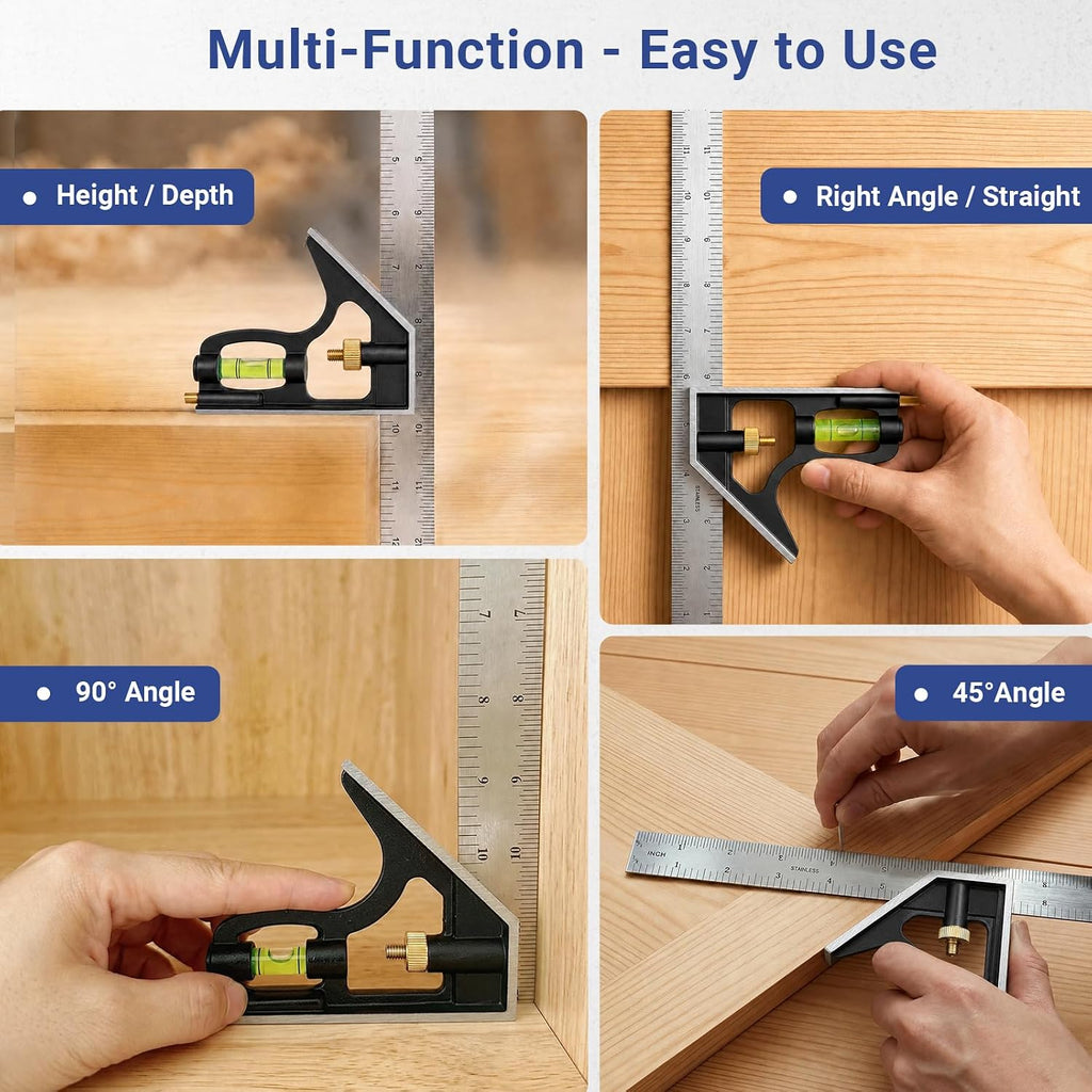 12 Inch Combination Square, Adjustable Carpenter Square with Stainless Steel Ruler and Aluminum Head, Metric and Inch