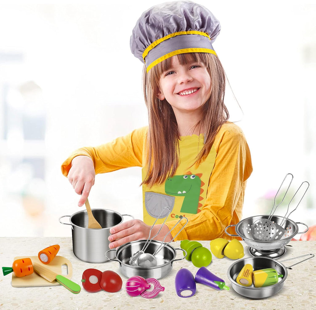 Play Kitchen Accessories, Wooden Play Food, Cooking Set with Stainless Steel Cookware Pots and Pans Utensils, Apron