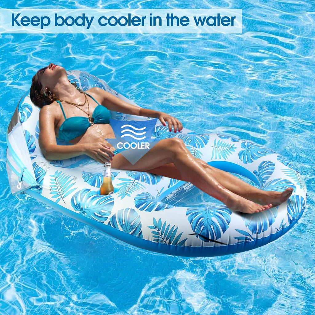 Pool Lounge Float with Canopy UPF50+,Extra Large Pool Floats for Adults Heavy Duty,Inflatable Lounger Float with Cup