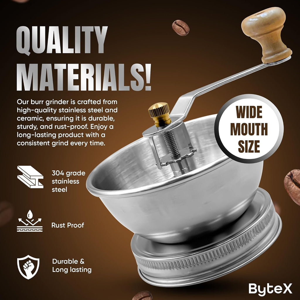 Stainless Steel Coffee Grinder Lid Attachment for Regular Mouth Mason Jars - Manual Crank Burr Grinder for Fresh