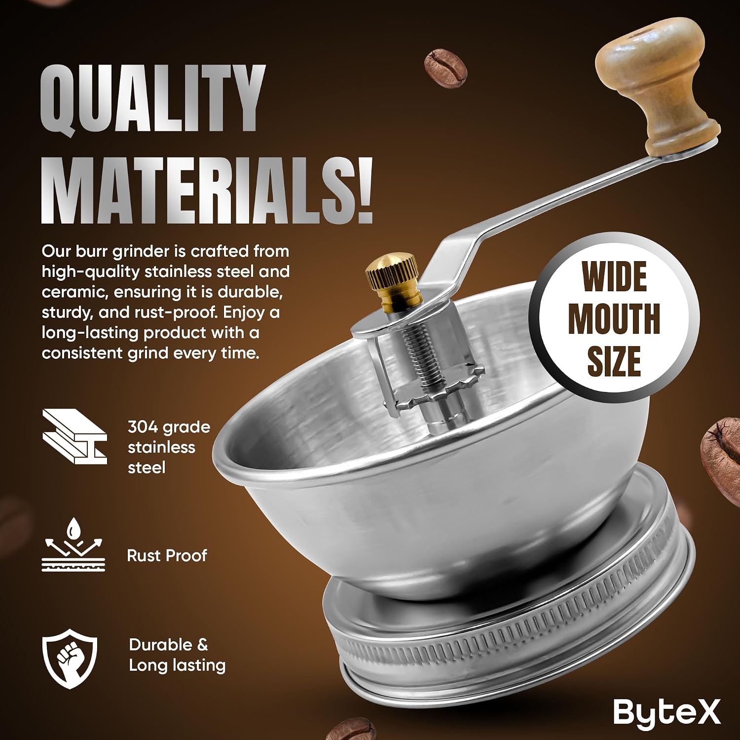 Stainless Steel Coffee Grinder Lid Attachment for Regular Mouth Mason Jars - Manual Crank Burr Grinder for Fresh