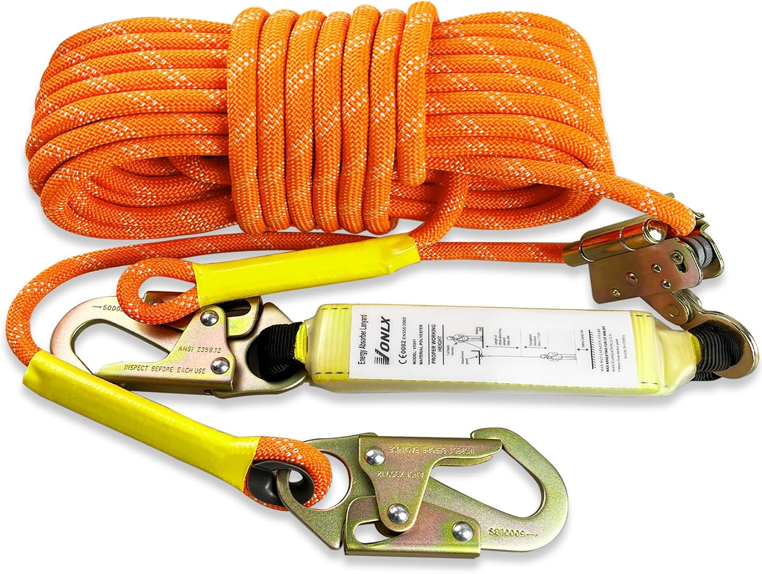 Fall Protection Safety Rope 50FT Heavy Duty Vertical Roofing Ropes with Alloy Steel Grab Snap Hooks Shock Absorber