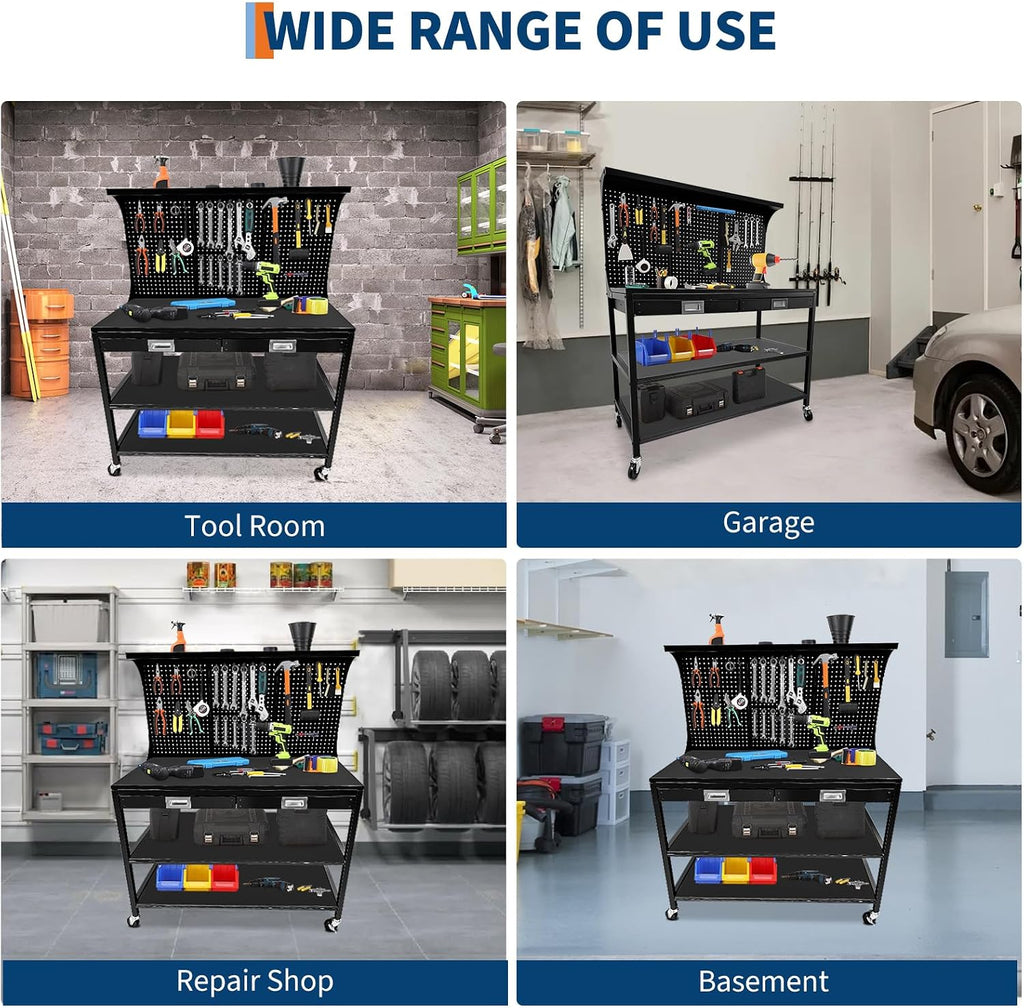48 Inch Workbench with Drawers, Pegboard & Storage– 3-Tier Garage Work Table with 2 Drawers, 2 Open Shelves & 35