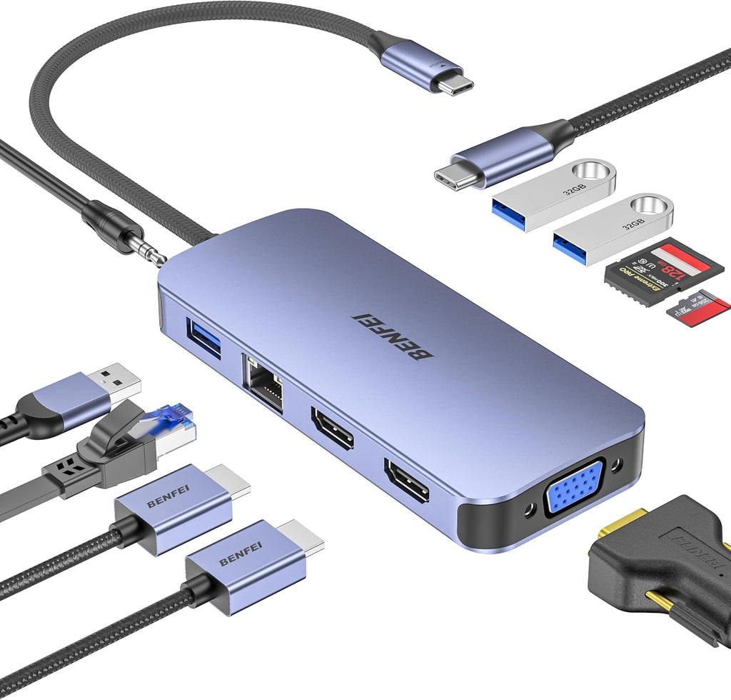 11-in-1 USB C Hub Triple Display Docking Station Dual HDMI, VGA, 3*USB 3.0, 1Gbps Ethernet, 100W Power Delivery