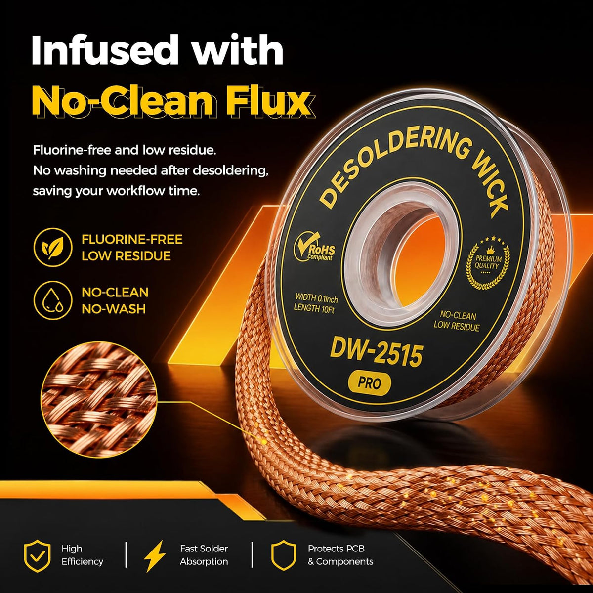 Solder Wick Braid 3-Pack, No-Clean Rapid Absorption Desoldering Wick, 0.1" Width 10ft Length (Total 30ft) Solder Sucker Wire for PCB Circuit Board Repair & Component Disassembly