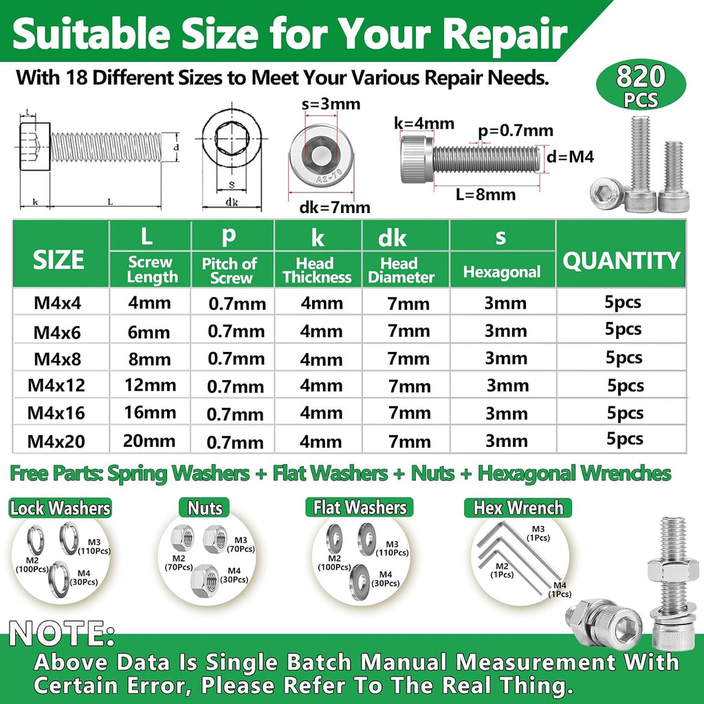 820Pcs Screw Assortment Kit, M2-M4 Stainless Steel Hex Socket Cap Bolts