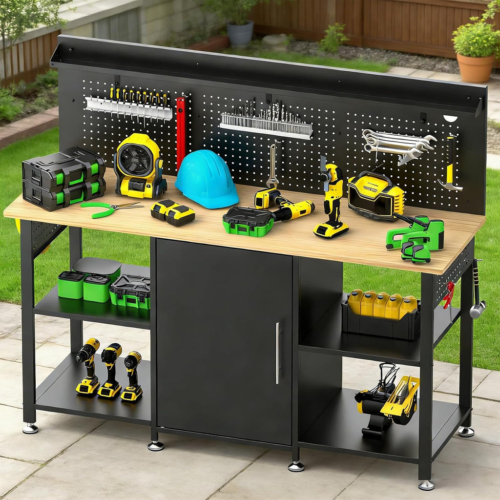60 inch Workbench with Storage Locker and LED Lights, 2000 lb Capacity Heavy Duty Workbench for Garage, Height