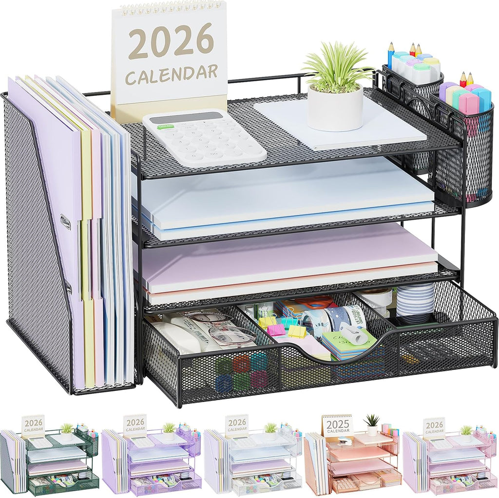 Desk Organizers and Accessories with File Holder, 4-Tier Desk Accessories & Workspace Organizers with Drawer and 2