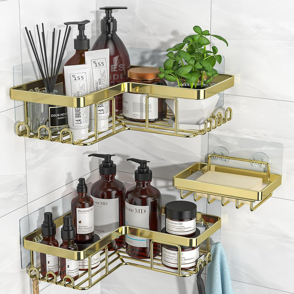 Corner Shower Caddy, 3-Pack Adhesive Bathroom Caddy with Soap Holder and 12 Hooks, Rustproof Stainless Steel Shower