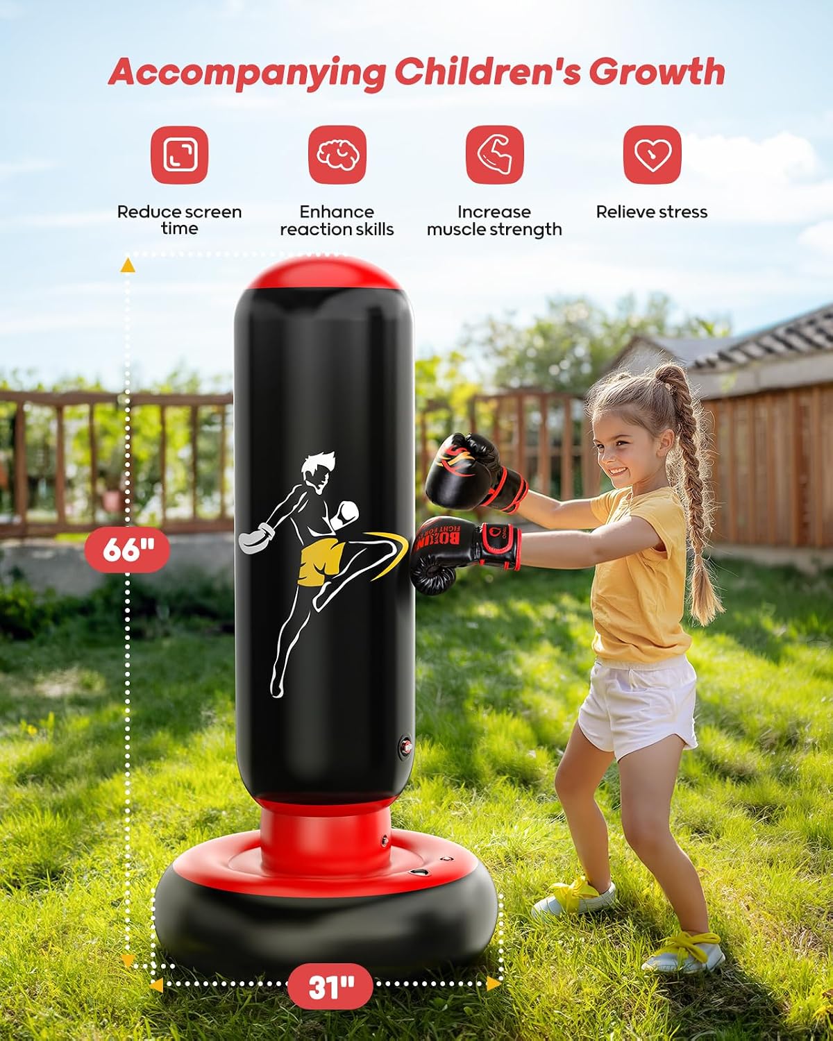Kids Punching Bag Toy with Boxing Gloves, 66 Inch Larger Stable Kids Inflatable Boxing Bag Set, Gifts for Boys &