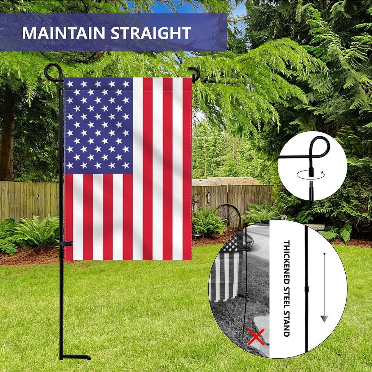 Garden Flag Holder Stand, Premium Yard Flag Holder Weather-Proof Metal Powder-Coated Flagpole with Clip and Stopper