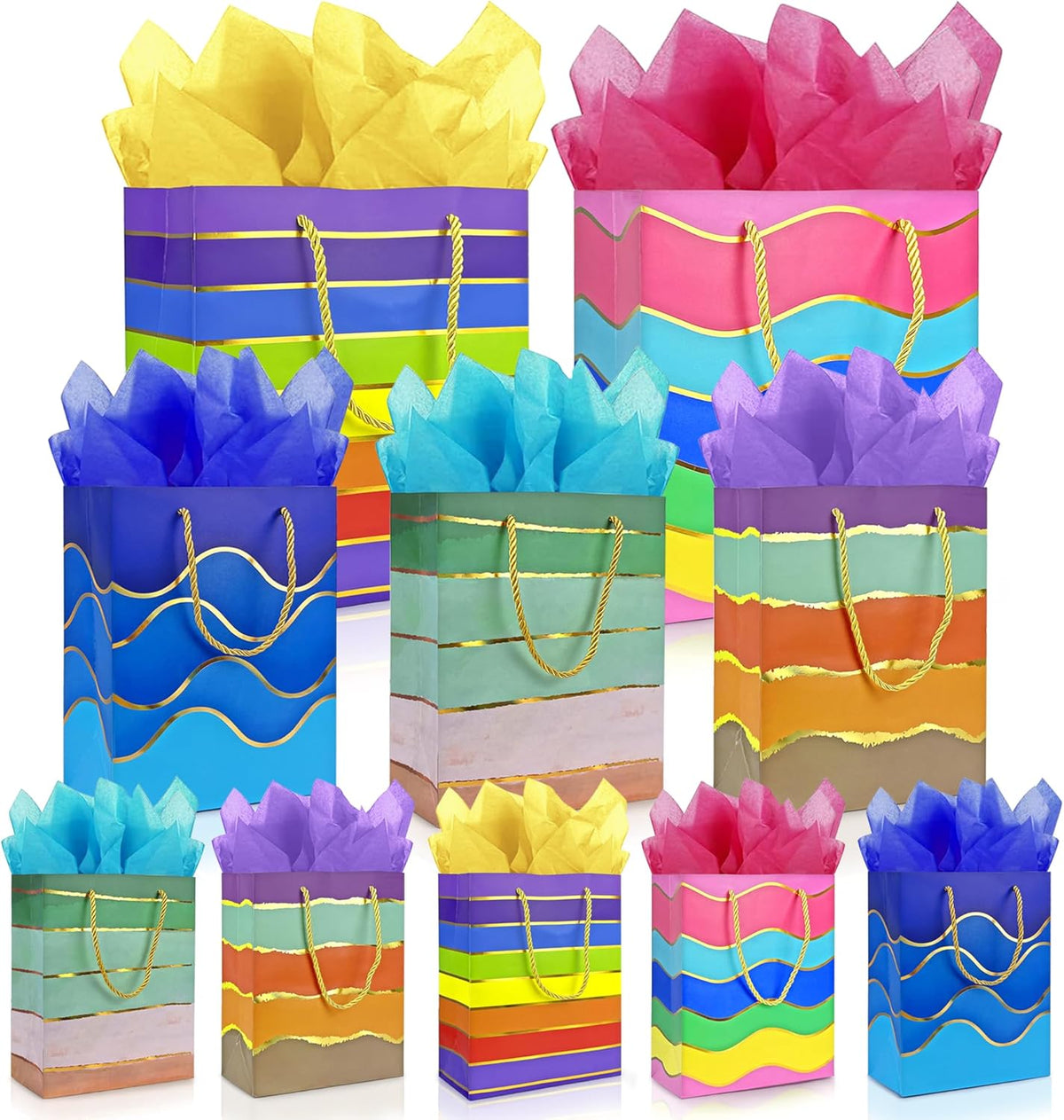 Gift Bags Assorted Sizes and Designs with Handle and Tissue Paper Birthday Gift Bags Rainbow for Birthday Bag Party