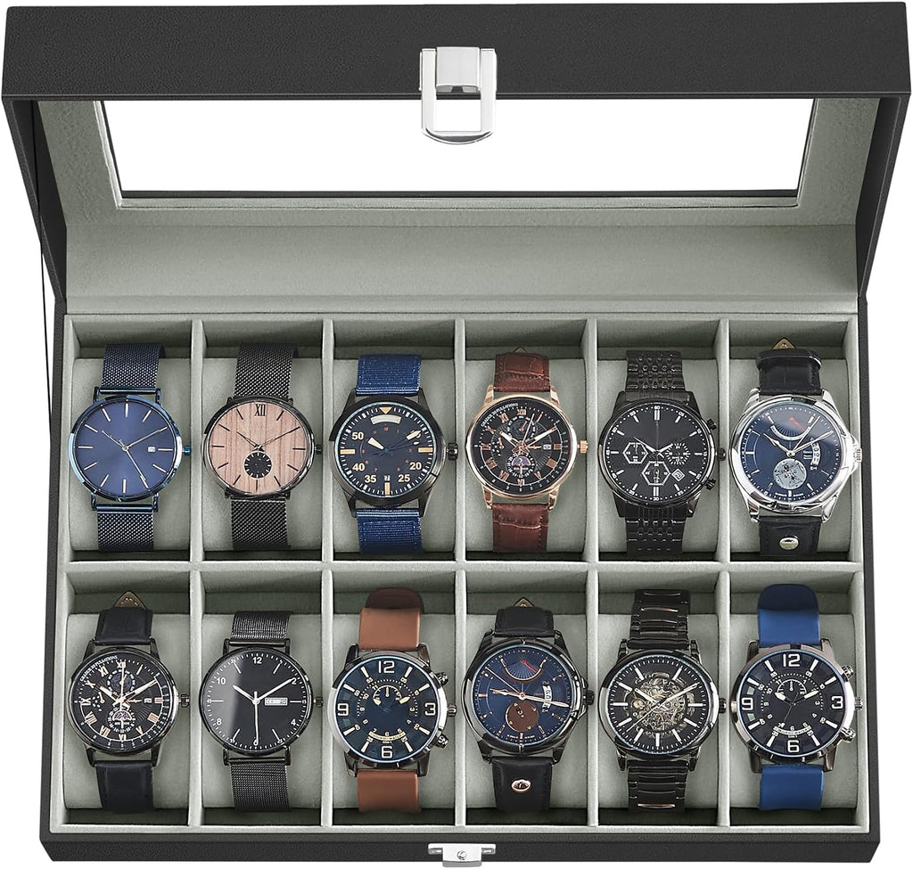 Watch Box, 12-Slot Watch Case Organizer with Large Glass Lid, Removable Pillows, Gift for Loved Ones, Black Synthetic