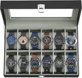 Watch Box, 12-Slot Watch Case Organizer with Large Glass Lid, Removable Pillows, Gift for Loved Ones, Black Synthetic