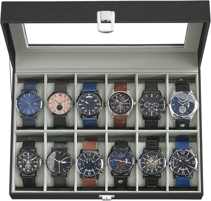 Watch Box, 12-Slot Watch Case Organizer with Large Glass Lid, Removable Pillows, Gift for Loved Ones, Black Synthetic