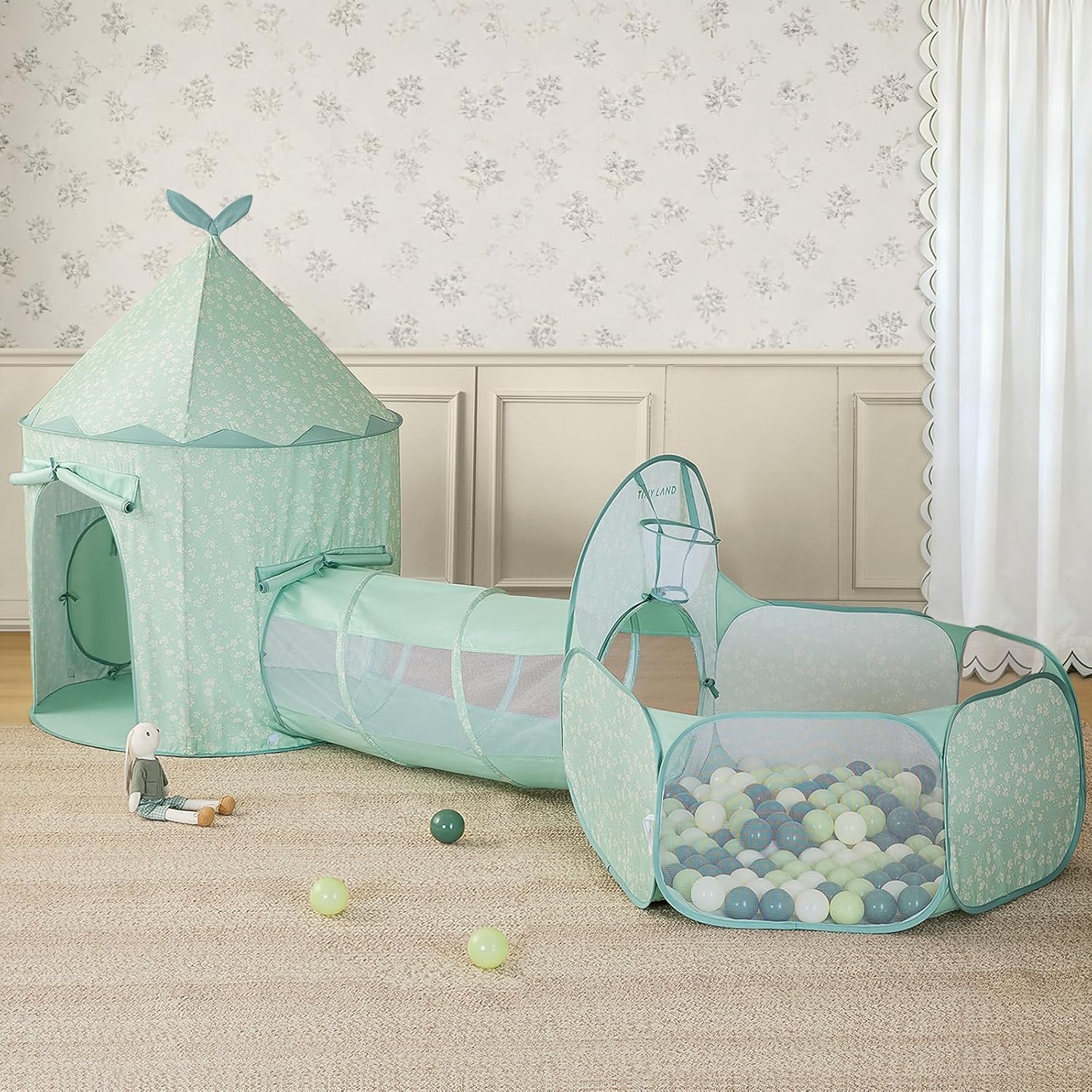 Play Tent with Padded Mat & LED Lights, 3-in-1 Kids Green Play Tunnel with Ball Pit & Tent