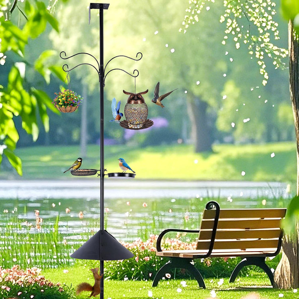 4 in 1 92 Inch Bird Feeder Pole with Squirrel Baffle | With Bath, Food Tray, 4 Hooks and Holds Cage, Metal